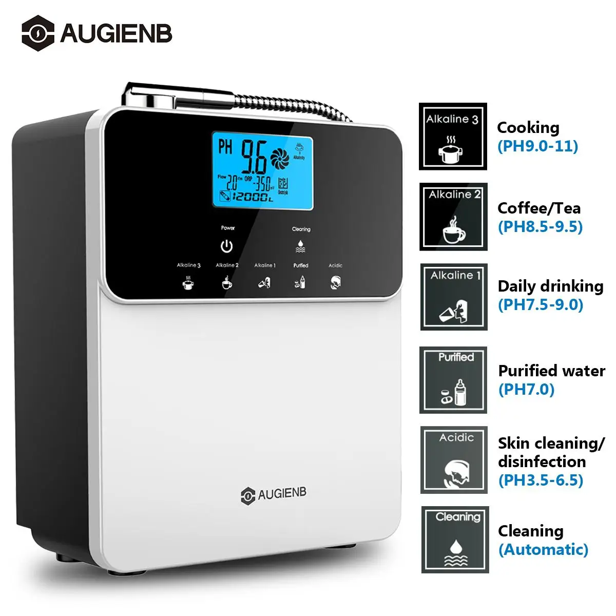 

AUGIENB 12000L Water Ionizer Purifier Machine PH3.5-11 Alkaline Acid 5 Mode Settings Auto-Cleaning LCD Touch Water Filter