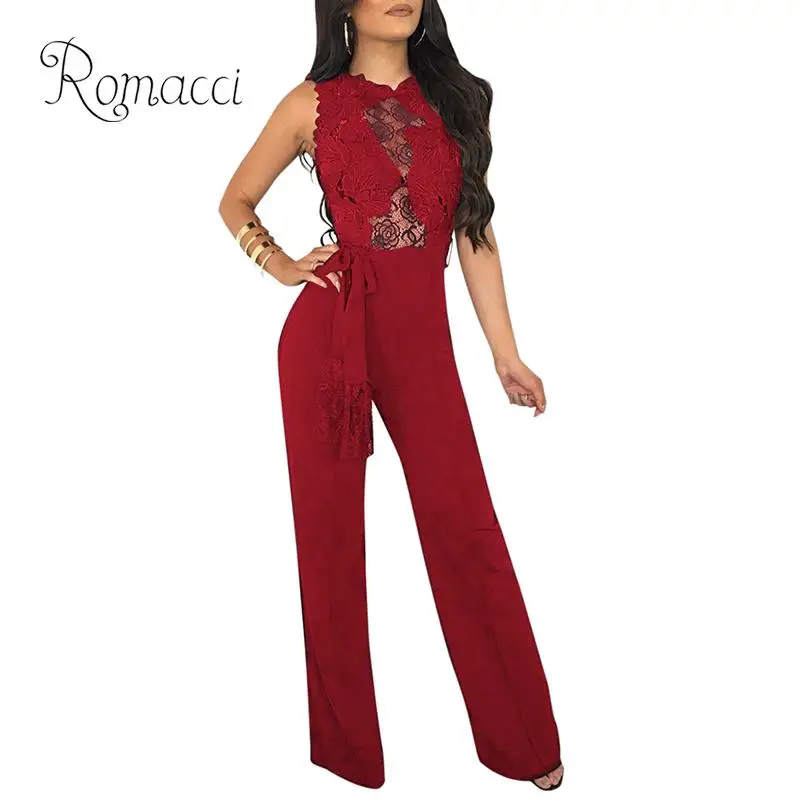 New Sexy Women Bodycon Sheer Lace Long Jumpsuit Solid