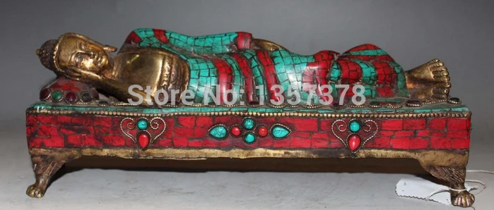 

shitou 001074 11" Tibet Bronze 24K Gold Turquoise & Coral Rest Sleep Shakyamuni Buddha Statue