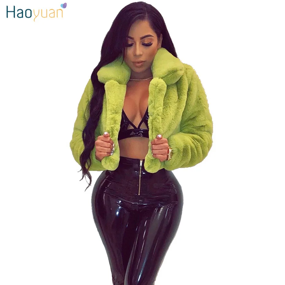 HAOYUAN Faux Fur Coat Women Long Sleeve Thick Warm Flurry Jackets Plus Size Short Teddy Plush Coat Autumn Winter Fur Overcoat