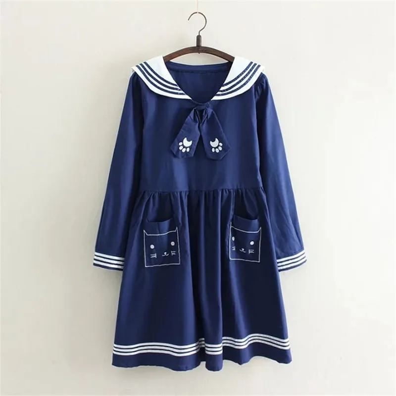 

2017 new cartoon embroidered dress pure color girls slim drawstring large lapel long-sleeved dress thin for female ZZ006