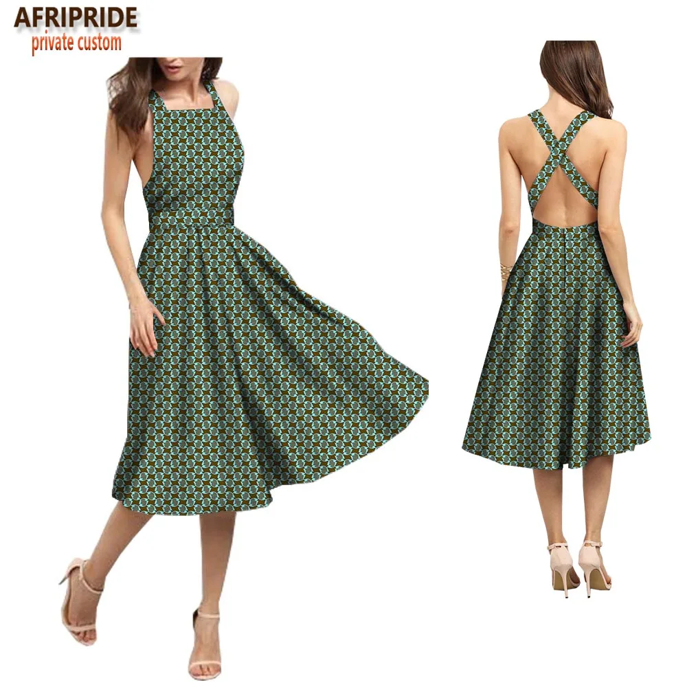 

2018 summer sexy women dress AFRIPRIDE customzied sleeveless knee-length spaghetti strap summer dress 100% batik cotton A1825036