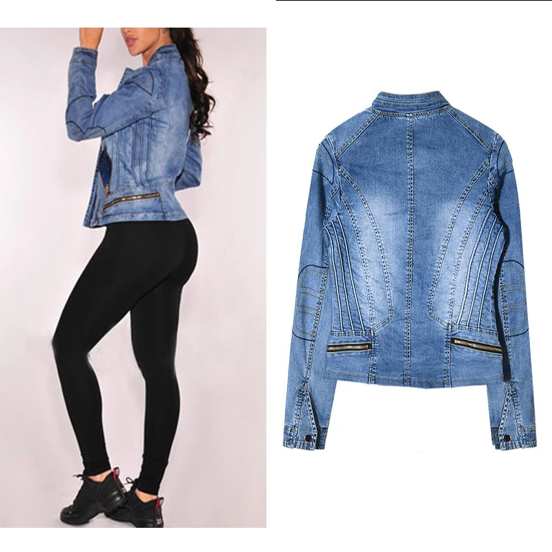 2018 Europe and the United States popular women's baseball jacket stretch denim jacket and more zipper motorcycle models have wild large size (6)