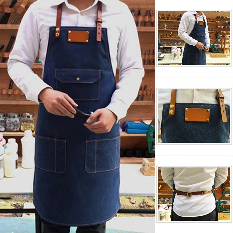 Blue Practical Working Denim Bib Apron With Leather Strap For Barista Chef Barber Pocket Studio Uniform