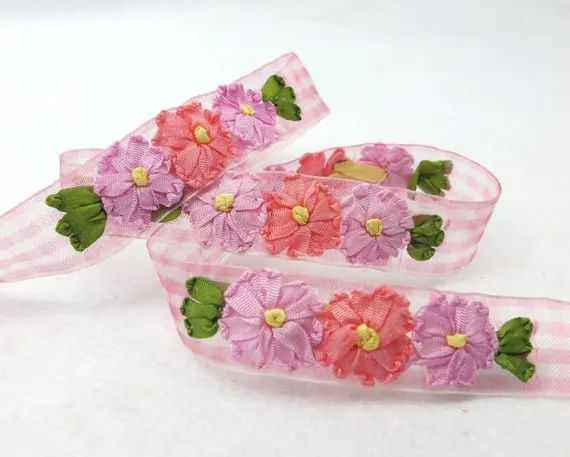 

4Colors|3/4 inch Embroidered Floral Checkered Ribbon Trim|Three Flowers in a Row|Unique|Colorful|Woven Chiffon Organza Ribbon