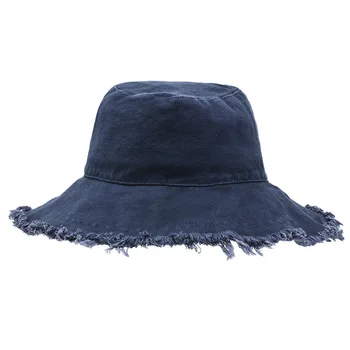 

Women's Denim Flat Top Bucket Hat with Wavy brim Hairy edge Summer Sunscreen Boonie Hat Harajuku Bob Furry Leisure Fishing Beach