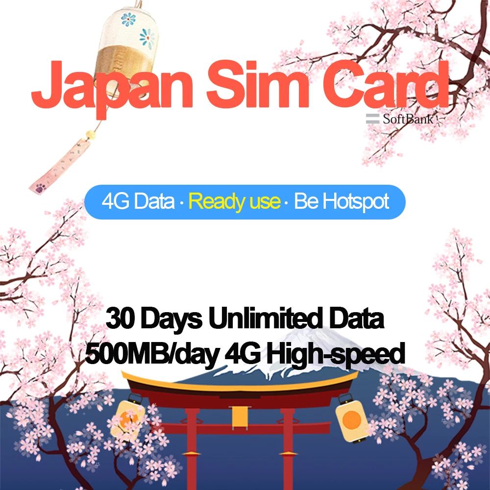 

Mewfi 30 Days Unlimited Data Card Japan Travel Sim Card 500MB/Day 4G Data No Call Local Softbank Network Mobile Phone Sim Card
