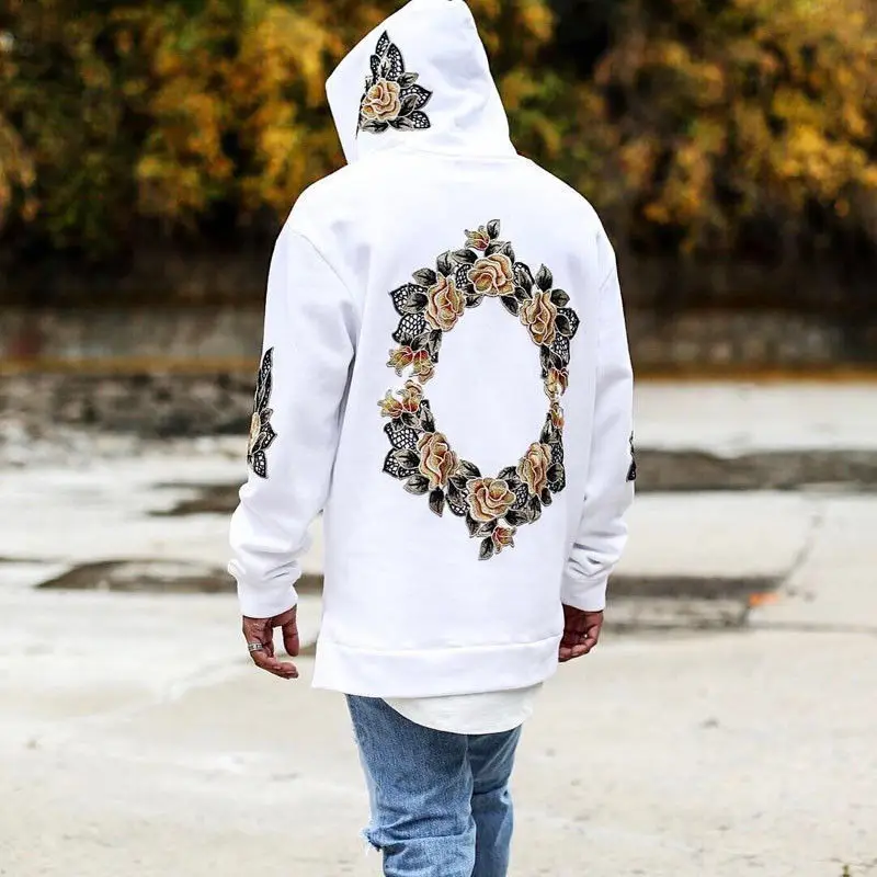 

New Autumn Winter Flower Embroidery Hooded Hoodies Men Side Split hoody Sweatshirts Women Long Sleeve Hip Hop Streetwear Hoodies