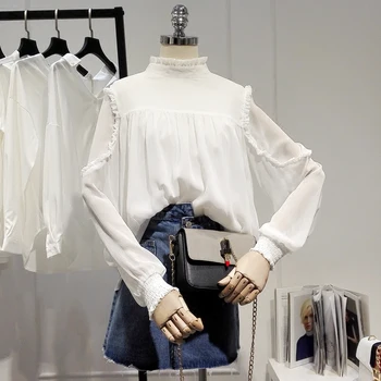

ruffles chiffon women blouse and shirts 2019 summer new office lady white shirts lantern sleeved outwear coat tops