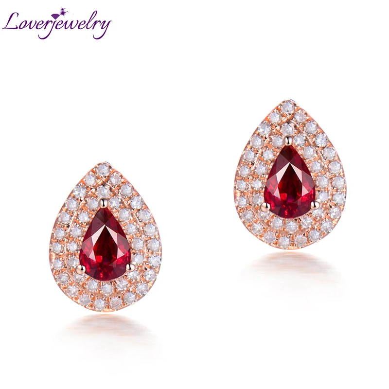 LOVERJEWELRY-Genuine-Fine-Jewelry-Natural-Red-Gemstone-14K-Rose-Gold-Pear-Ruby-Diamond-Women-Wedding-Earrings