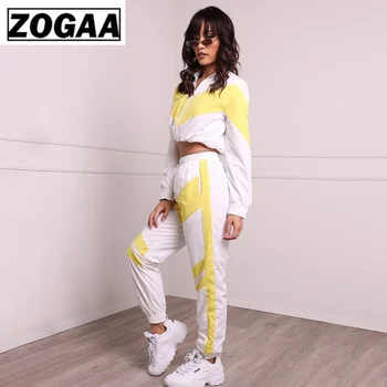 

ZOGGA Yellow White Stitching Color Women's Jogging Suits with Zipper Cotton Polyester Women Casual Suits 2 Piece Fitness Sets