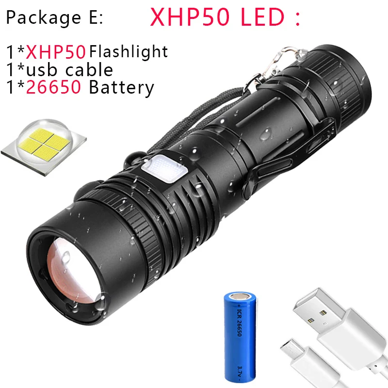 60000LM фонарик XHP50 светодиодный фонарик заряжаемый через интерфейс USB фонарь Zoom фонарик T6 фонарь с батареей 18650 - Испускаемый цвет: E