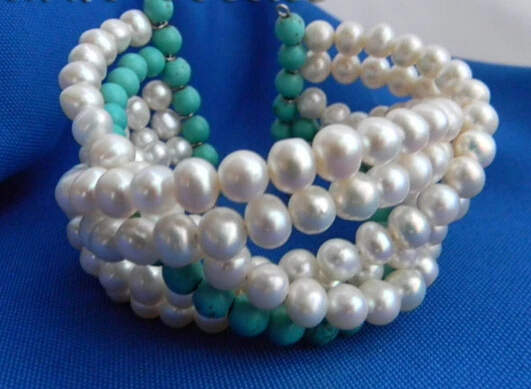

free shipping 01424 6Strands 8'' Round White Freshwater Pearl Turquoise Bracelet
