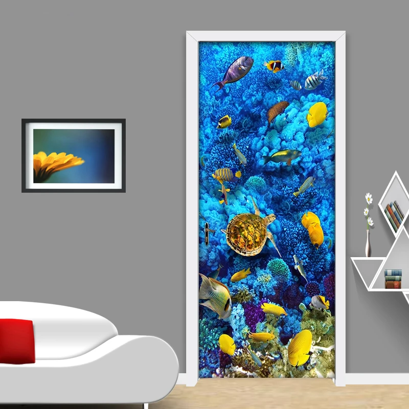 Mural 3D adhesivo de puerta Mundo Submarino Animales MURALES 3D DE PUERTAS
