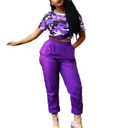 Фиолетовый камуфляж печати Растениеводство Топ сплошной цвет длинные брюки для девочек свободные комплект из двух предметов пикантны