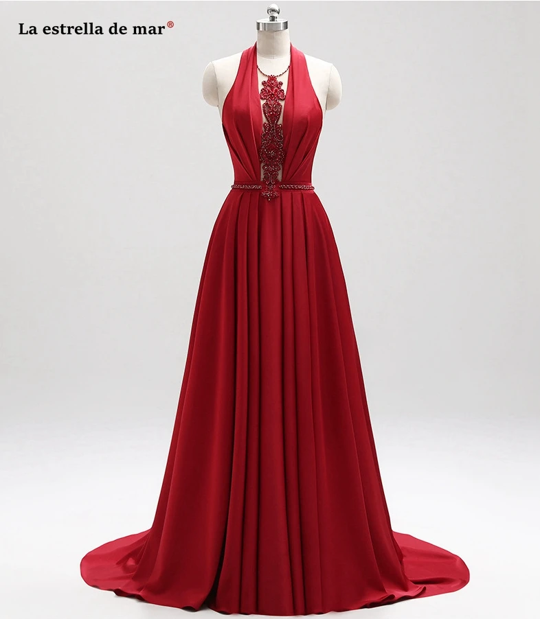 Vestido madrinha2018 Новый шифоновый Кристалл сексуальный v-образный Вырез Холтер линия Красный Длинные платья подружек невесты Плюс Размер abito