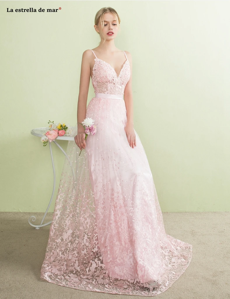 Vestido madrinha 2018 sexy V шеи бретельках линия Кружева Градиент розовый чешские платье невесты длинные большие размеры