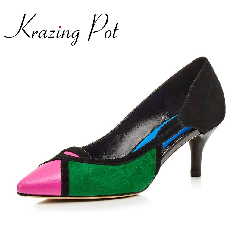 

KRAZING POT New fashion brand shoes mixed colors high heel shallow women pumps causal wedding pointed toe office lady shoe L22