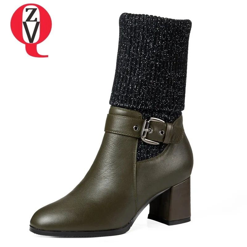 

ZVQ newest fashion genuine leather winter plush outside women shoes high square heel round toe slip-on buckle mid calf boots
