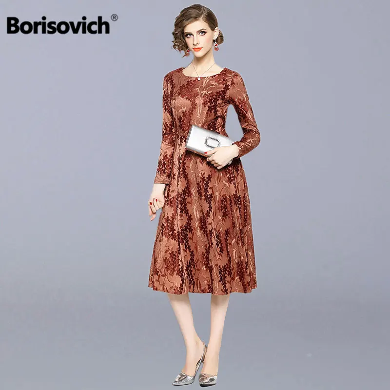 

Borisovich Ladies Elegant Party Dress New Brand 2018 Autumn Fashion England Style A-line Slim Women Casual Long Dresses N284