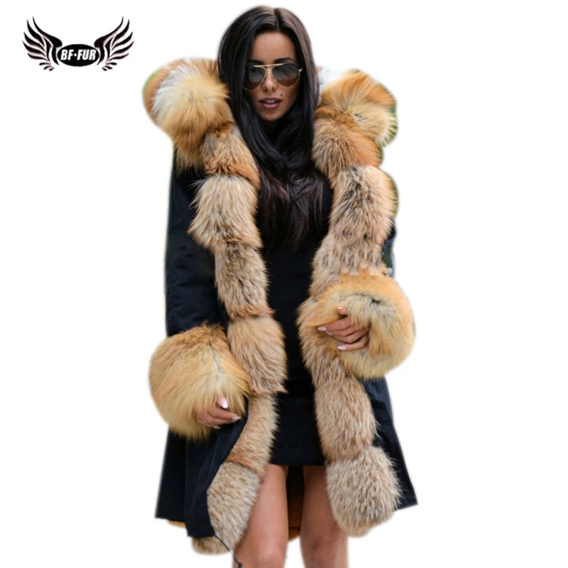 

BFFUR Park With Natural Fur Coat Female Luxury Womens Russian Winter Coats 2018 New Long Coat Women Whole Skin Parka Real Fur