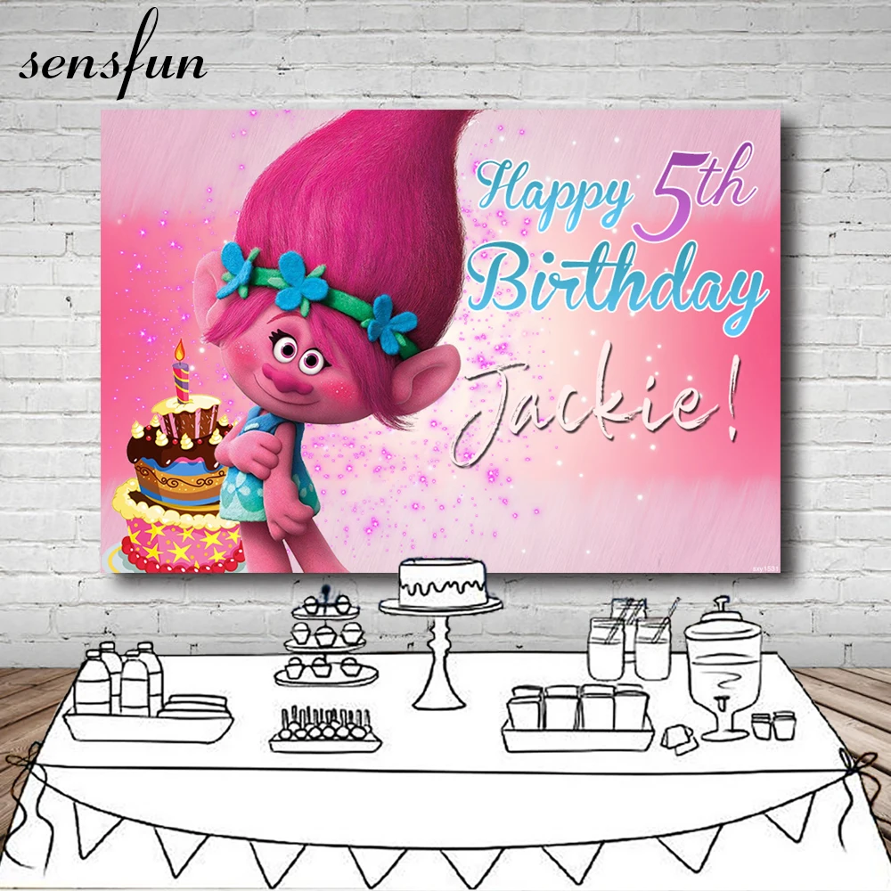 

Cartoon Trolls Princess Poppy Photography Backdrop Cake Girls Birthday Party Backgrounds For Photo Studio Vinyl Polyester 7x5FT