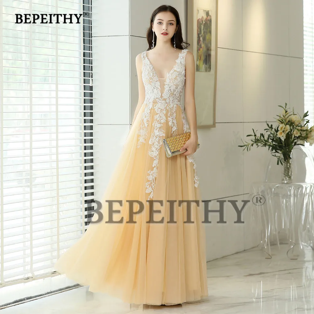 BEPEITHY Evening Dresses Long V Neck Champagne Tulle Lace Prom Dress Robe De Soiree Sexy Backless Evening Gown 2019
