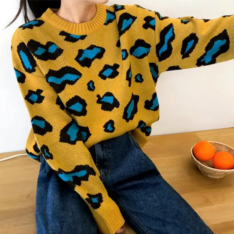 

2018 Women's Autumn And Winter Round Neck Knit Bi-color Pullover Leopard Long-sleeved Casual Comfortable Sweater Women
