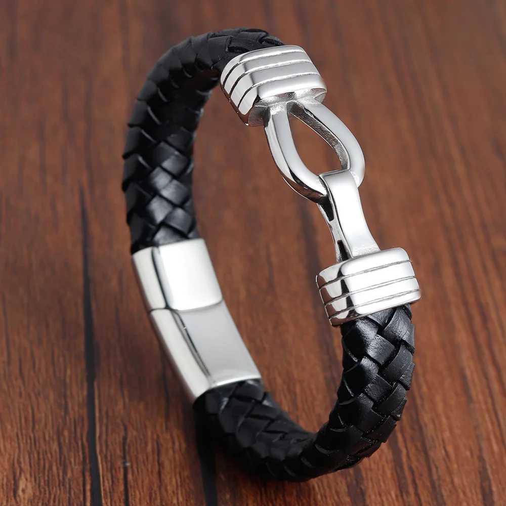 

Genuine Leather Unique Knot Shape Men Bracelets White Stitch Line Design Magnet Buckle Male Wrap Birthday Party Gift