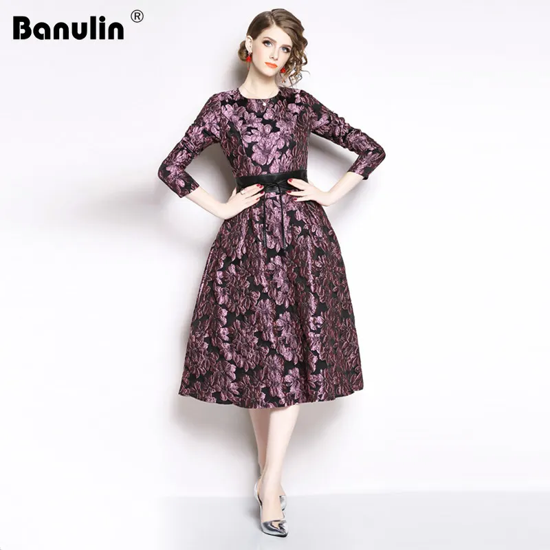 

Banulin Fashion Designer Runway 2018 Winter Dress Women's Full Sleeve Jacquard Floral Print Vintage Casual Evening Party Dresses