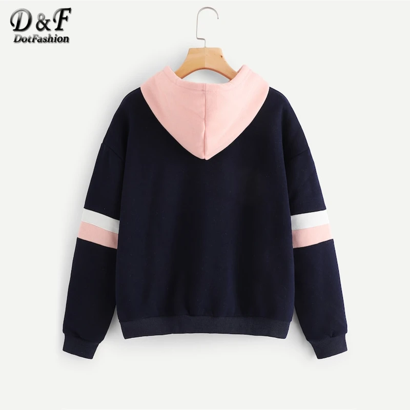 Dotfashion البحرية Colorblock مخطط الرباط هوديي ملابس حريمي 2019 الخريف عارضة طويلة كم إمرأة البلوز بلوفرات