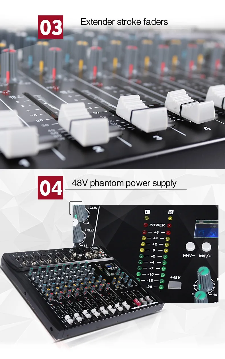 Профессиональный 8-канальный сетевой видеорегистратор djmixer консоли 48V phantom блок питания с флэш-диск MP3 плеер для студийной съемки с изображением эффект реверберации