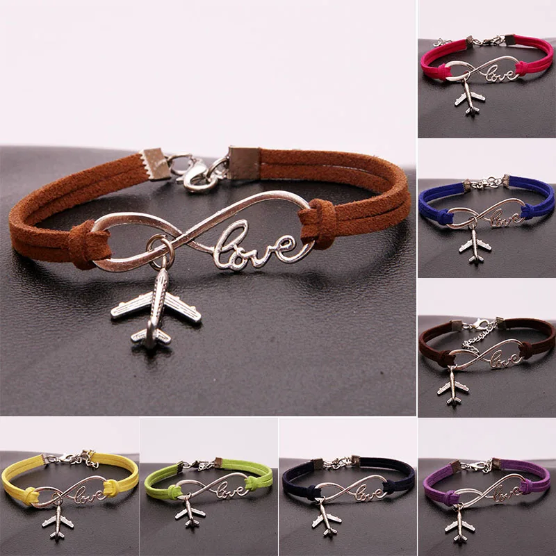 10 шт./лот) 18 цветов Бесконечность любовь самолет браслет и браслеты Плетеный Шарм Кожа самолет кулон самолет браслет ювелирные изделия