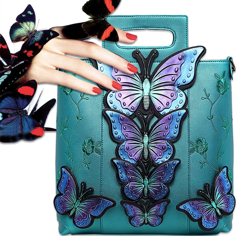 National Style Handbag Butterfly Embroidered Flower PU Leather Vintage