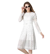 2016 Autumn Fashion Hollow Out Elegant White Black Lace Elegant Party Dress High Quality Women Casual Long Dresses With Belt