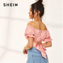 SHEIN атласная блузка с рюшами и манжетами, укороченный топ, сексуальный розовый однотонный топ с завязками сзади, женские летние блузки с открытыми плечами и короткими пышными рукавами