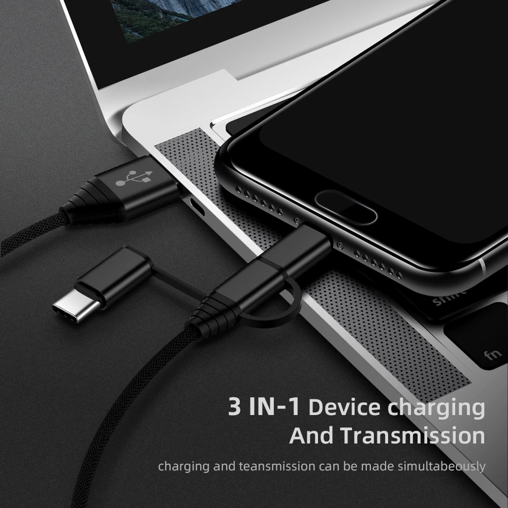 3 in 1 Mobile Phone USB Charging Cable for iPhone X Micro USB Type C Charger Cable for Xiaomi Huawei Samsung Fast Charging Cable