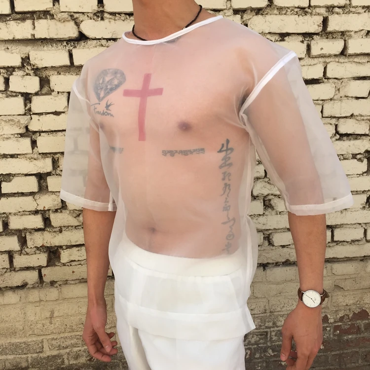 Man Boy O Neck Short Sleeve See Through Transparent Clear Shirt