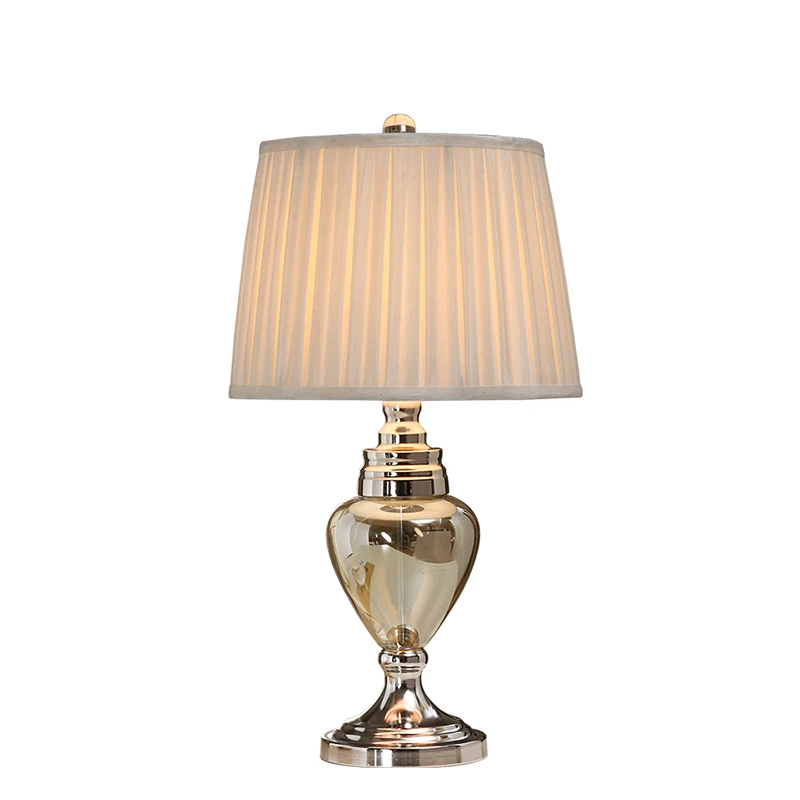 Modern European Simple Plated Glass Fabric Led E27 Dimmerable Table Lamp For Bedroom Living Room Bedside Light H 56cm 1110
