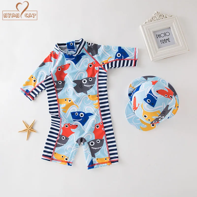 

Nyan Cat summer baby boy swimwear+hat 2pcs set sharks swimming suit infant toddler kids children spa beach bathing clothes