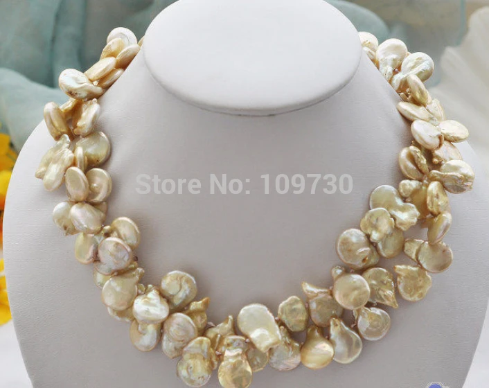 

Jewelr 003243 2row 17" 15mm coin champagne Freshwater cultured pearl necklace