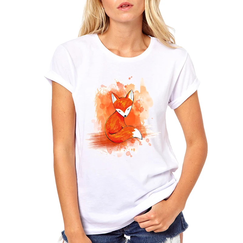 

New Aniamls Hand Painted T-Shirt Women Tops Short Sleeve Red Kitsune Fox tshirt Kawaii Animal Womens t shirts Camisetas
