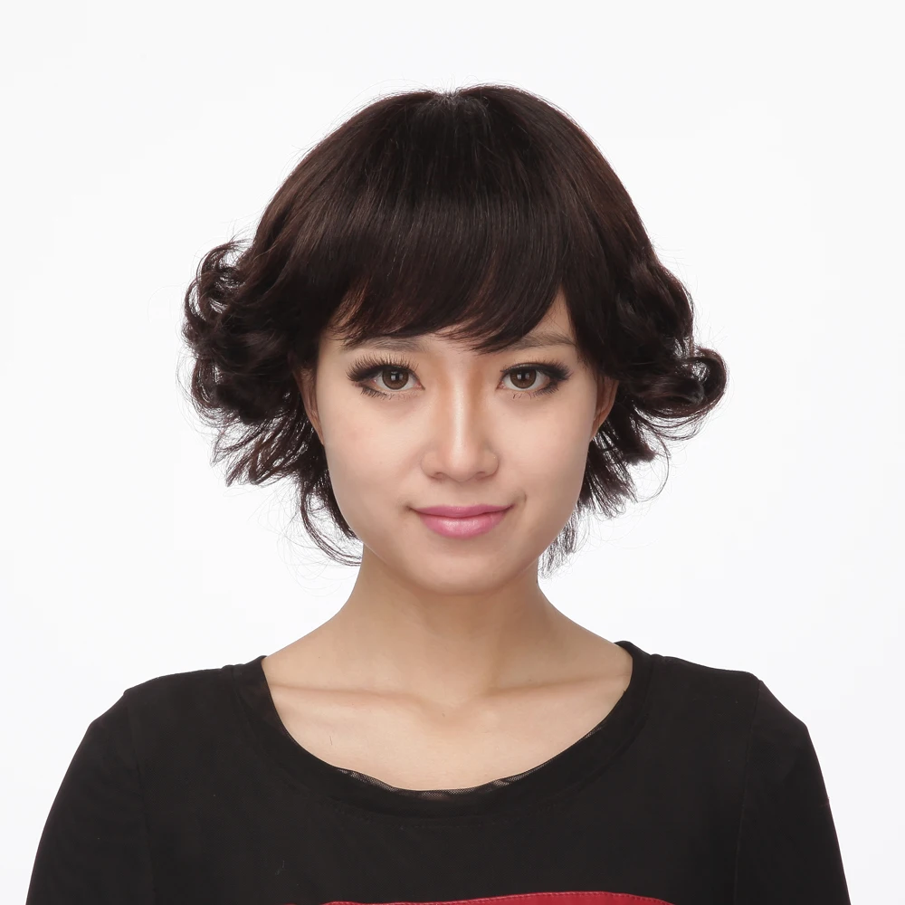 

mommy short Middle age woman real hair Big Body Waves wigs with Bangs for cancer patients