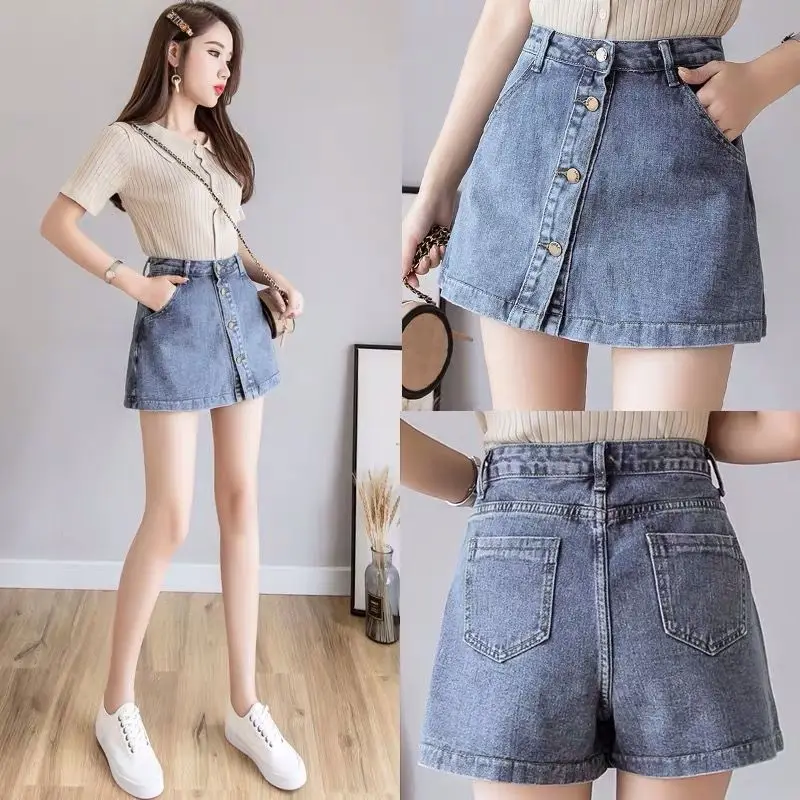 women clothing denim fabric washed skirts A-line high waist slim women skirts cowboy vintage college girl skirts fake two piece