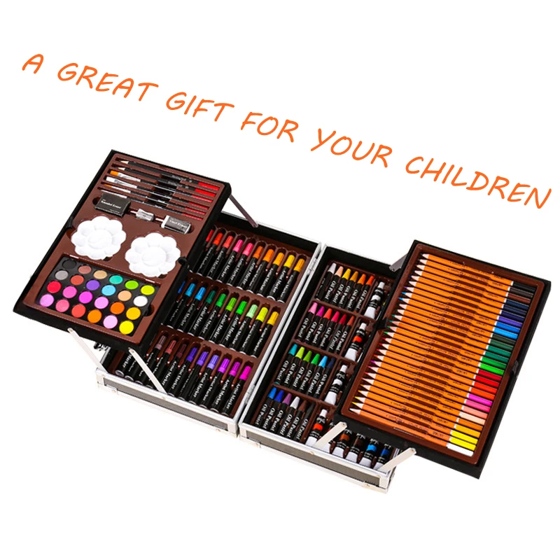 

YDNZC Double Aluminum Box Painting Set Watercolor With Water Brush Pen Color Lead Portable Watercolor Pigment Art Supplies
