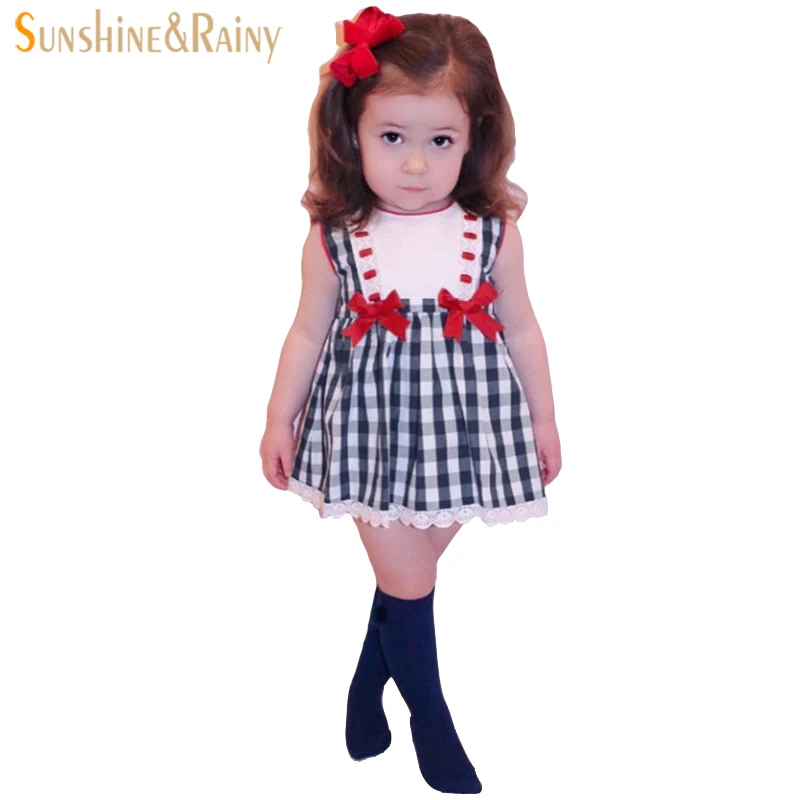 

Cute Girls Dress With Lace Cotton Plaid Bow Vest Dress + Shorts Brand High Quality Princess Dress For Baby Summer Dresses White
