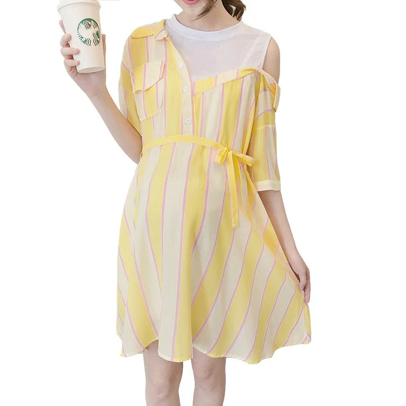 

Off Shoulder Striped Soft Cotton Maternity Dress Turn-doen Collar Sweet Girl Fake Two-piecs Dresses Clothes For Pregnant Woman