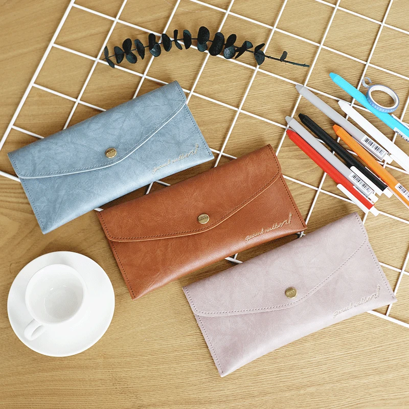 

High Capacity Simple PU Leather Pencil Bag Box Creative PencilCase Stationery Bag Portable Storage Bag School Supplies kawaii