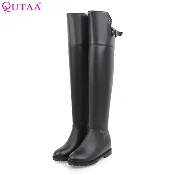 

QUTAA 2020 Women Over The Knee High Boots Pu Leather Zipper and Buckle Design Westrn Style Women Motorcycle Boots Size 34-40