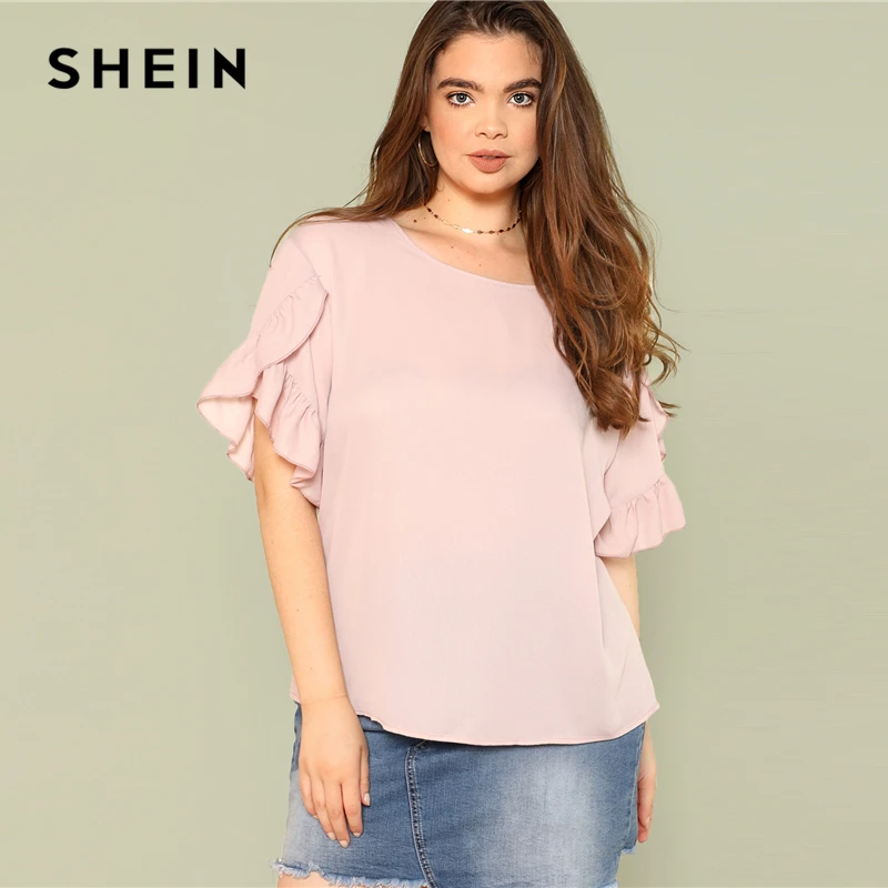 SHEIN Asymmetrical Ruffle Sleeve Top 2018 Summer Round Neck Petal Short ...